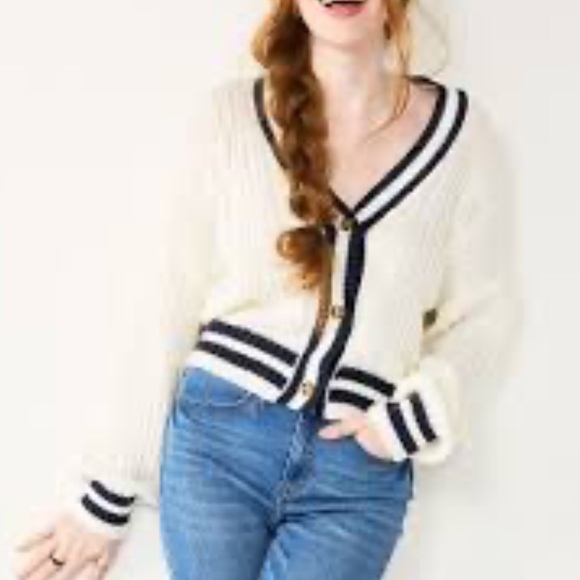 SO Women's Cream and Navy Striped Cardigan size medium excellent condition - Picture 1 of 2